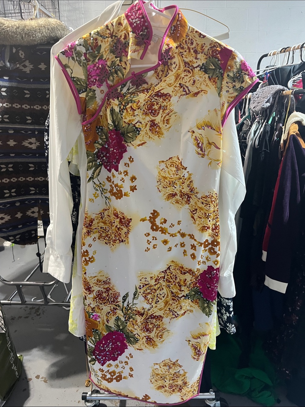 Gianni Costali Mandarin Collar Cheongsam Dress Top - White & Yellow with Pink Tr